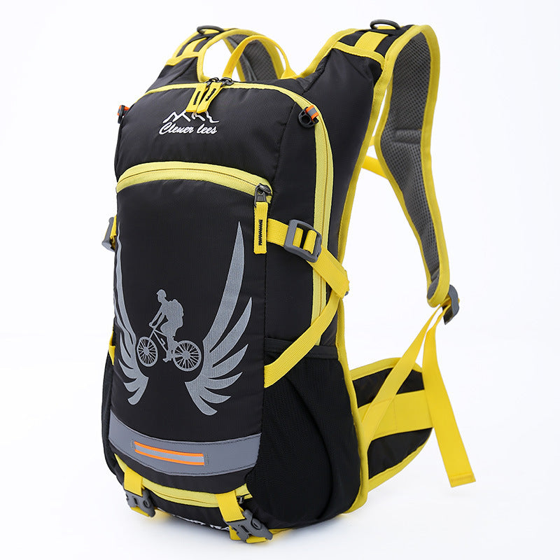 Black and yellow bicycle backpack with winged silhouette design on a white background