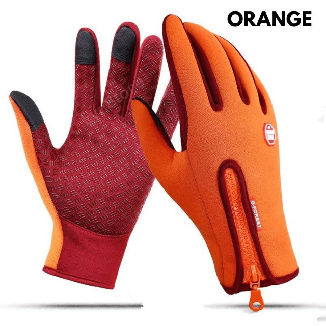 Orange, water-resistant, touchscreen cycling gloves with textured palm and rear zip on a black background