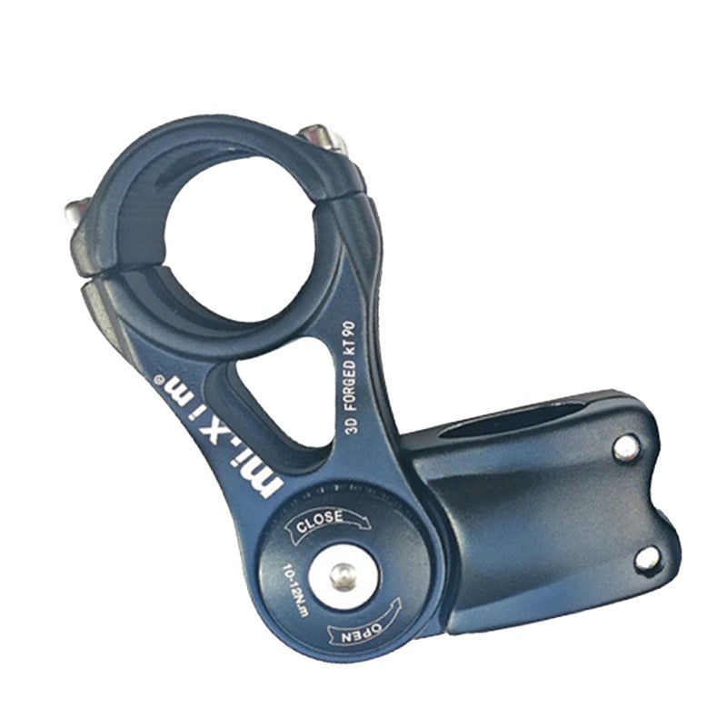 Adjustable black bicycle stem with branding on a white background