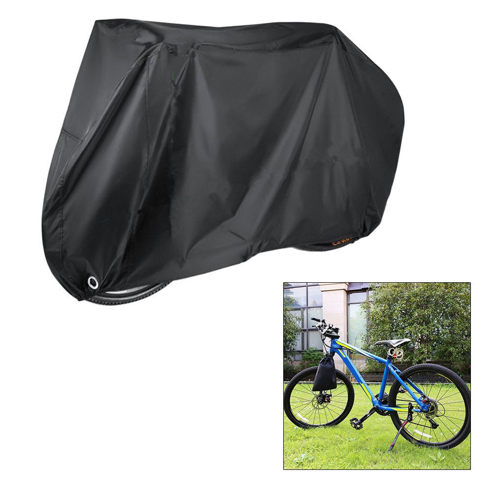 Black bicycle cover with inset of a blue bicycle outdoors