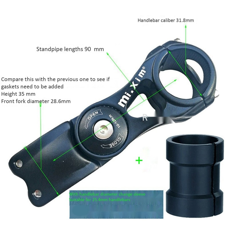 Technical diagram of adjustable bicycle handlebar stem with measurements and branding.