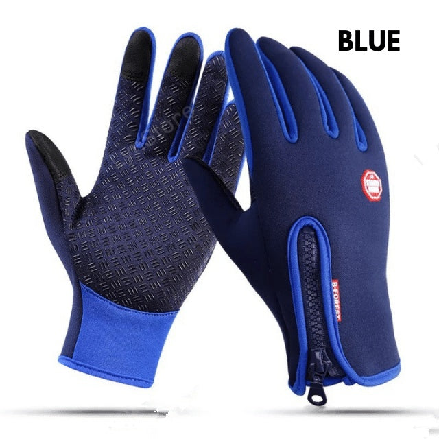 Blue touchscreen cycling gloves with textured palm and rear zipp on a white background