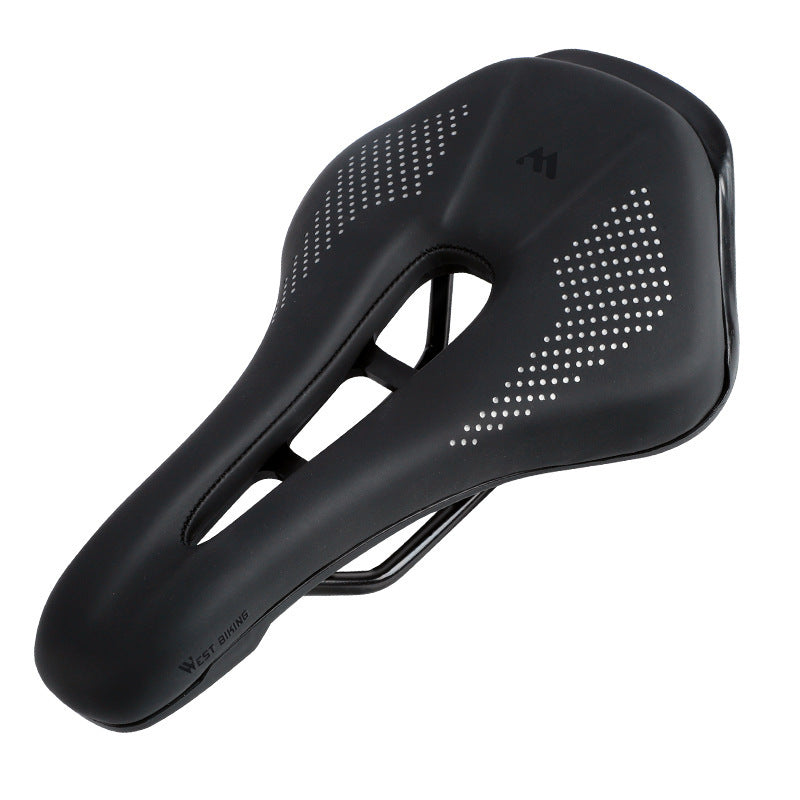 Black road bicycle saddle with perforated design on a white background