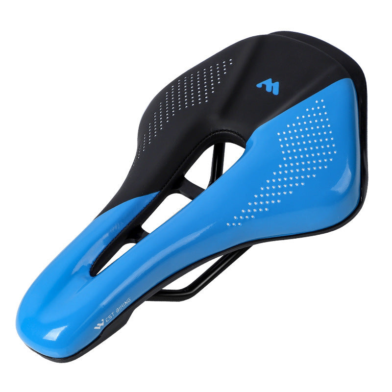 Blue and black road bicycle saddle on a white background