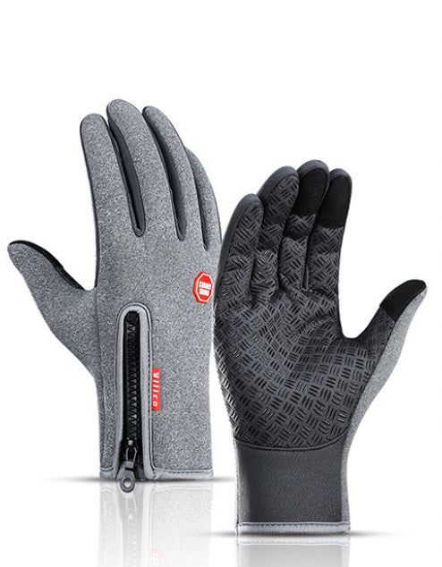 Gray, water-resistant, touchscreen cycling gloves with non-slip textured palm and rear zip on a white background