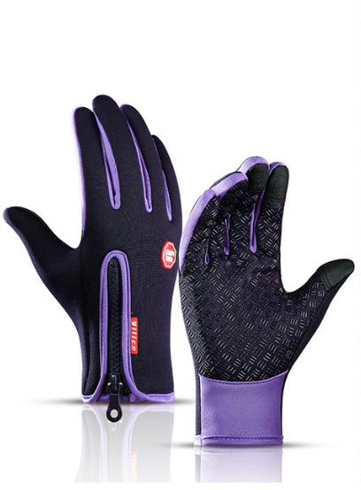 Purple, water-resistant, touchscreen cycling gloves with non-slip textured palm and rear zip on a white background