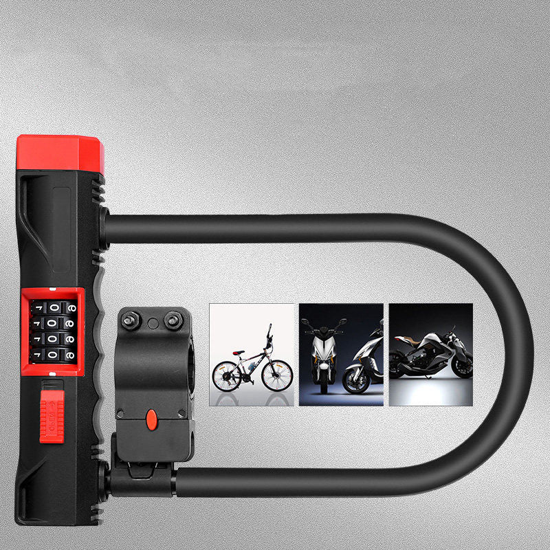 Black and red bike D-lock with a combination lock on a gray background