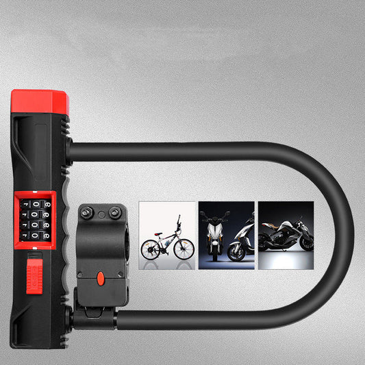 Black and red bike D-lock with a combination lock on a gray background