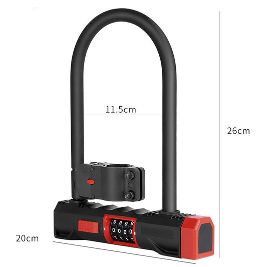 Black and red bike lock with measurement details on a white background