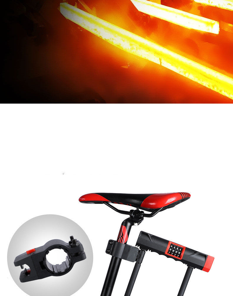 Bicycle 4-digit Combination Bicycle D-lock and seat with close-up of attachment bracket on a white background