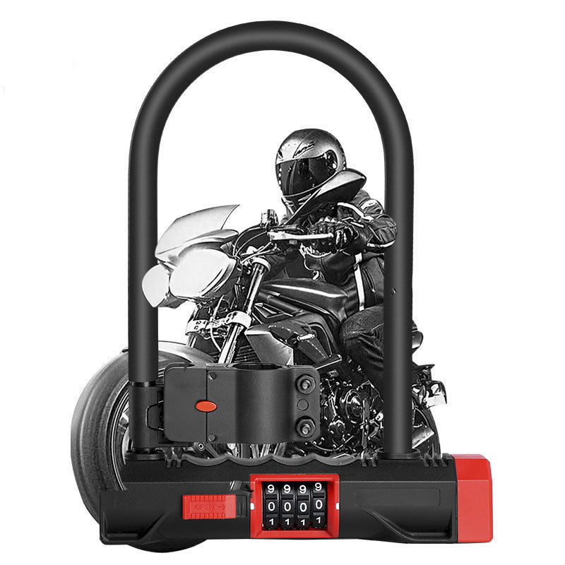 Motorcycle lock with a digital code display on a white background