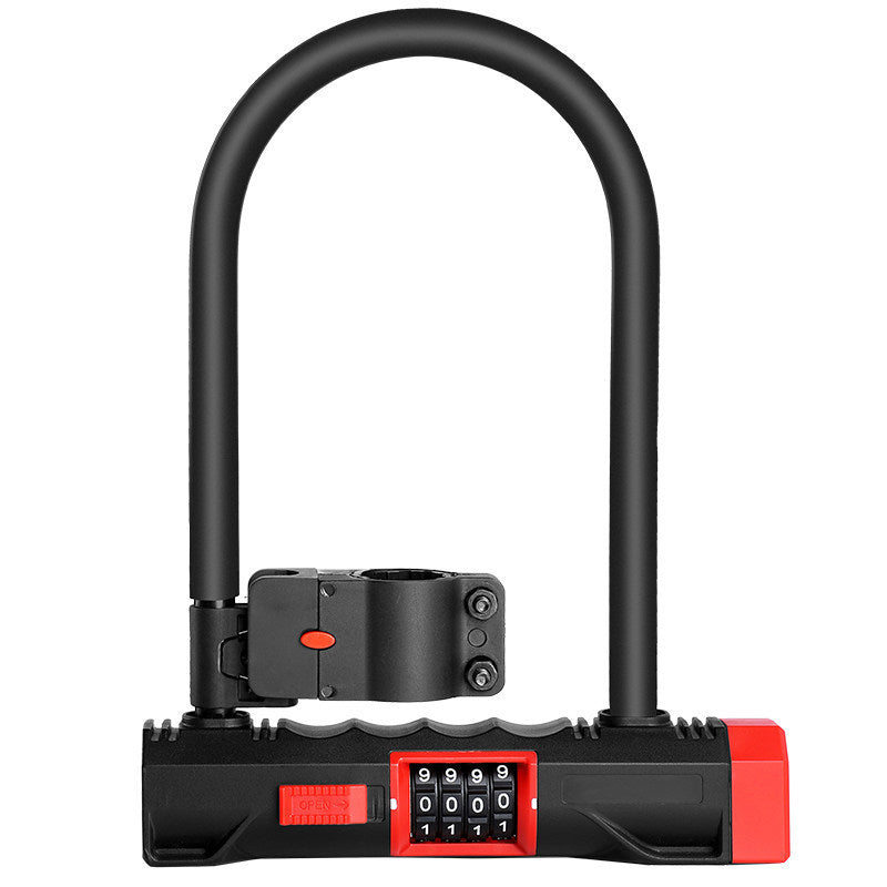 Black and red D-shaped bike lock with a digital code display on a white background