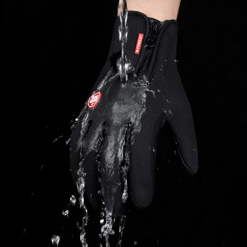 Black, water-resistant, touchscreen cycling gloves with textured palm and rear zipp on a black background