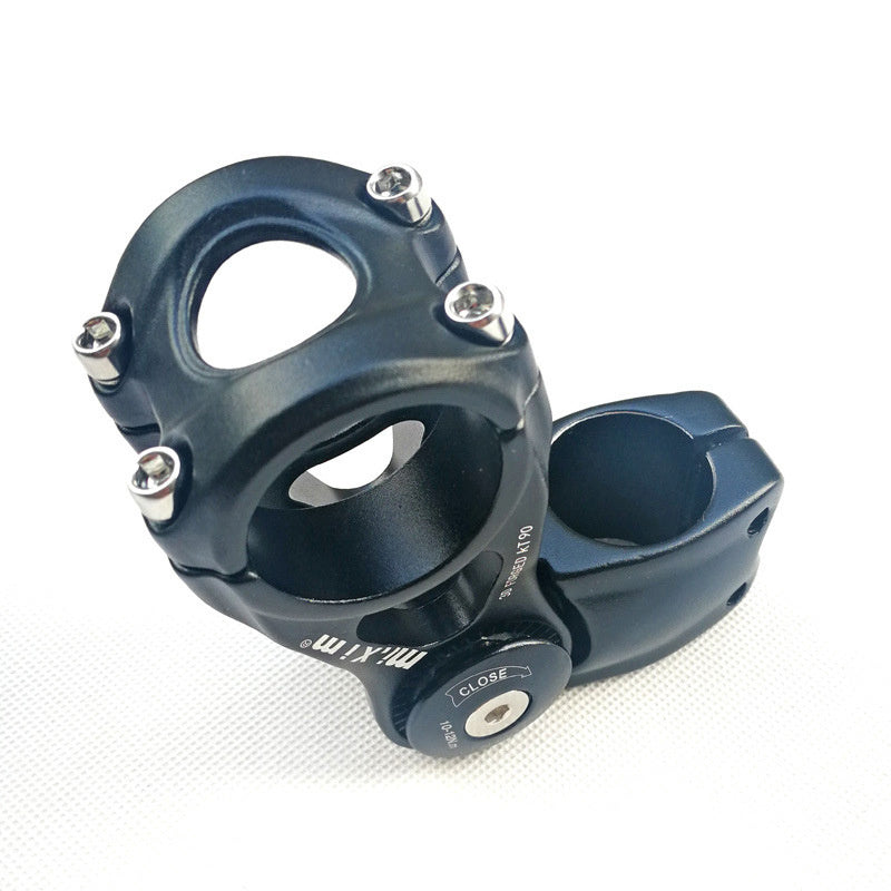 Black bike handlebar stem with branding on a white background