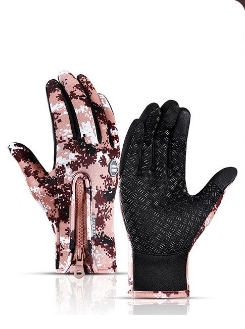 Red camouflage paterrn, water-resistant, touchscreen cycling gloves with non-slip textured palm and rear zip on a white background