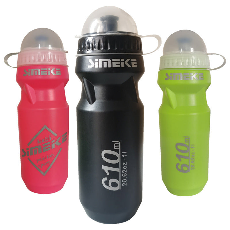 Three Simeke water bottles in pink, black, and green on a white background