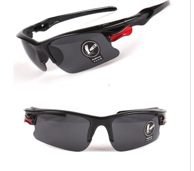 Black cycling sunglasses with PC lenses and a logo on a white background