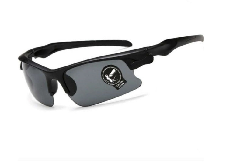 Black cycling sunglasses with PC lenses and a logo on a white background