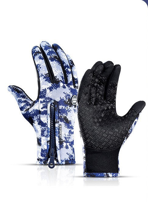 Blue camouflage, water-resistant, touchscreen cycling gloves with non-slip textured palm and rear zip on a black background