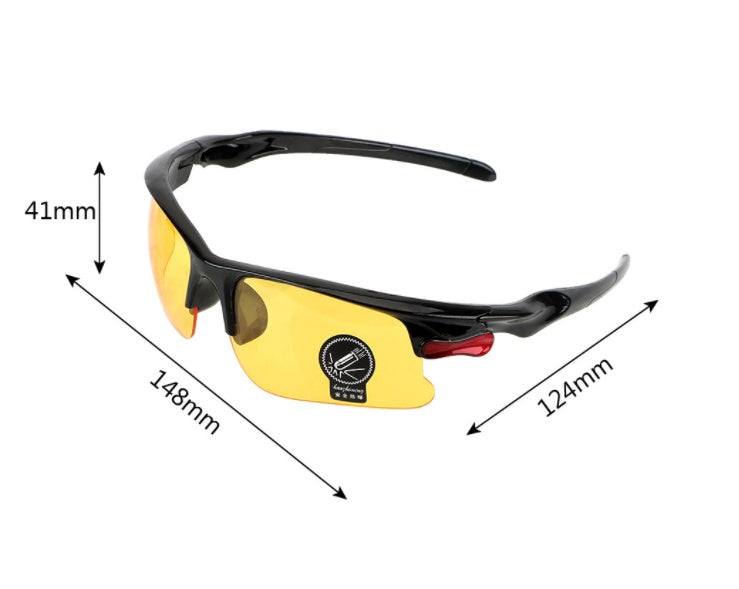 Yellow cycling sunglasses with black frames and measurements on a white background
