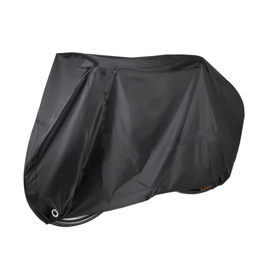 Black outdoor bicycle cover over a bike on a white background