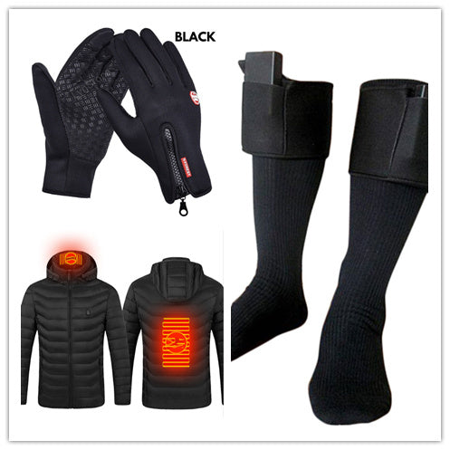 Black gloves, socks, and jackets with heating indicators on a white background