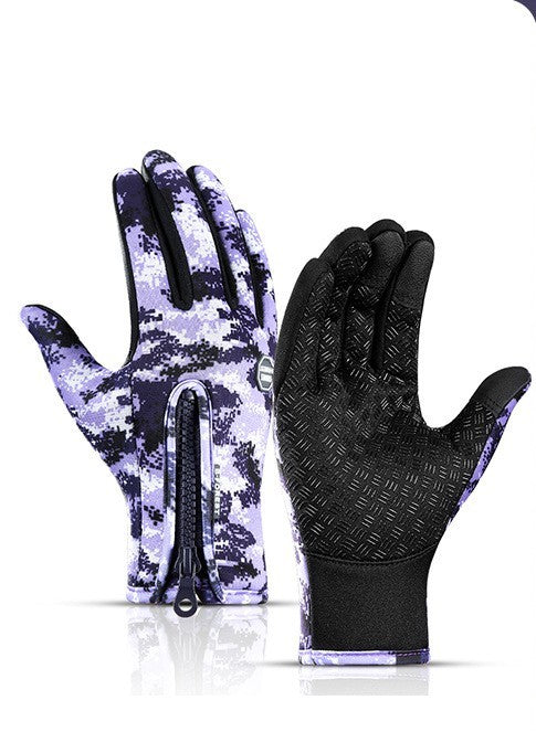 Blue camouflage, water-resistant, touchscreen cycling gloves with non-slip textured palm and rear zip on a black background