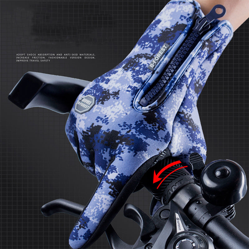 Blue camouflage glove on a bicycle handlebar with visible branding.