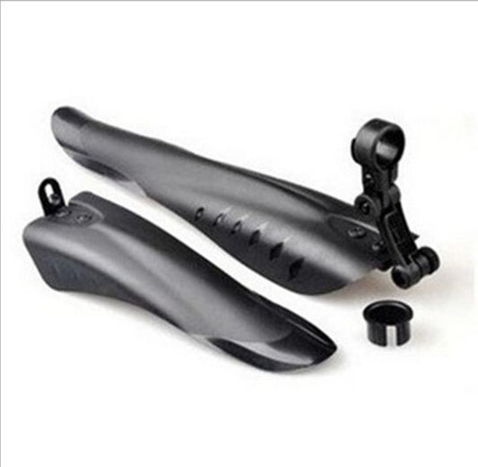 Two black Adjustable Bicycle Mudguards and a mounting bracket on a white background