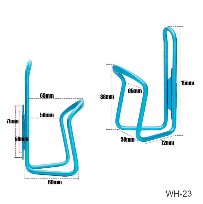 Blue aluminium bicycle water bottle cage with measurements on a white background