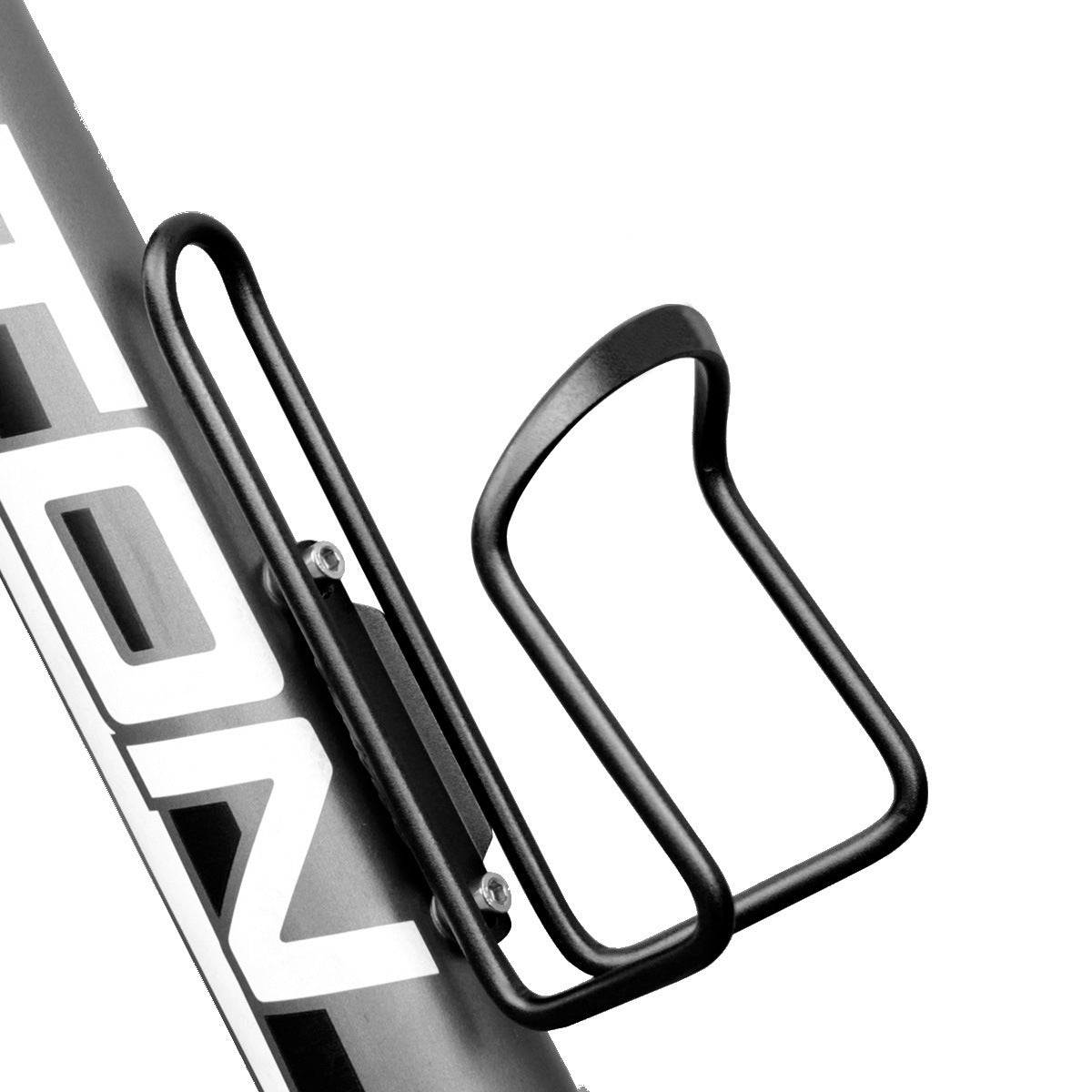 Black aluminium bike water bottle cage attached to a bicycle frame