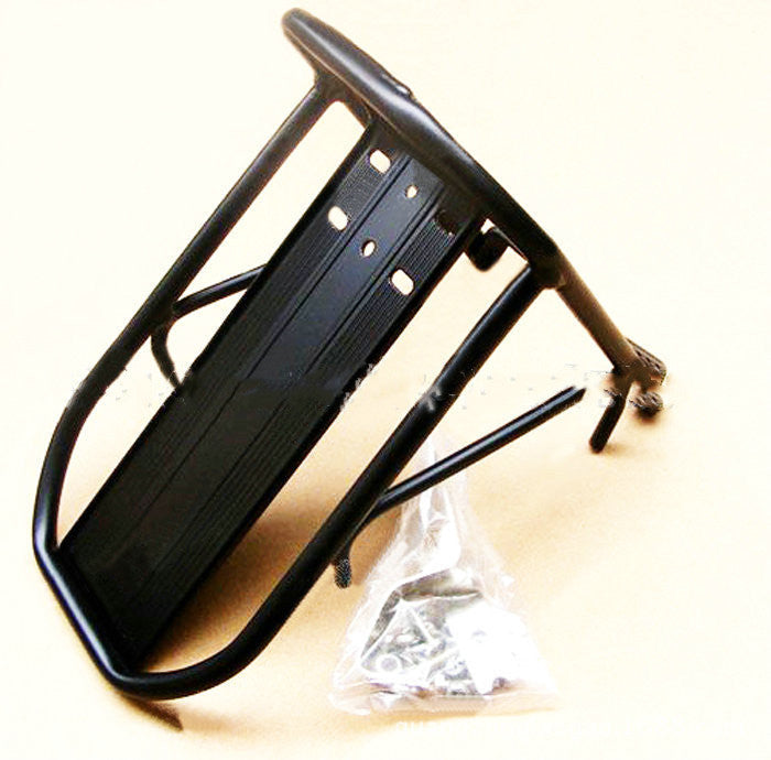 Black aluminium front bike rack on a white background