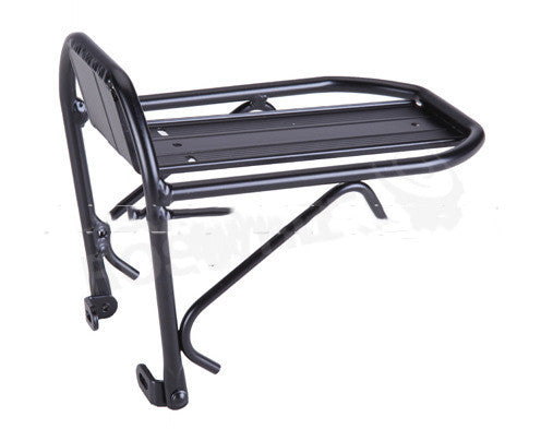 Black aluminium front bike rack on a white background