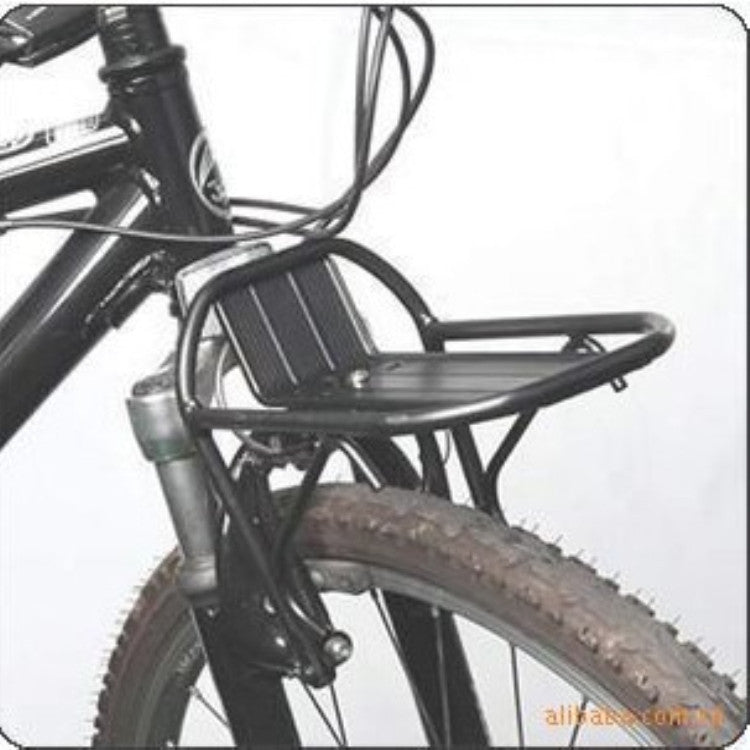 Black aluminium front bike rack mounted on a front bicycle suspension fork on a white background