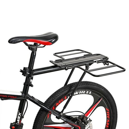 Black bicycle with a rear rack on a white background