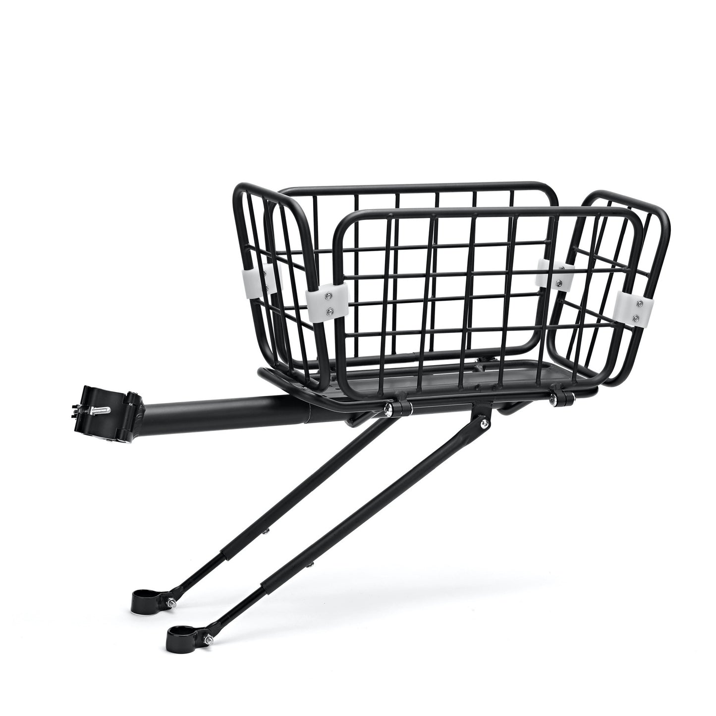 Black metal bike basket with extendable legs on a white background