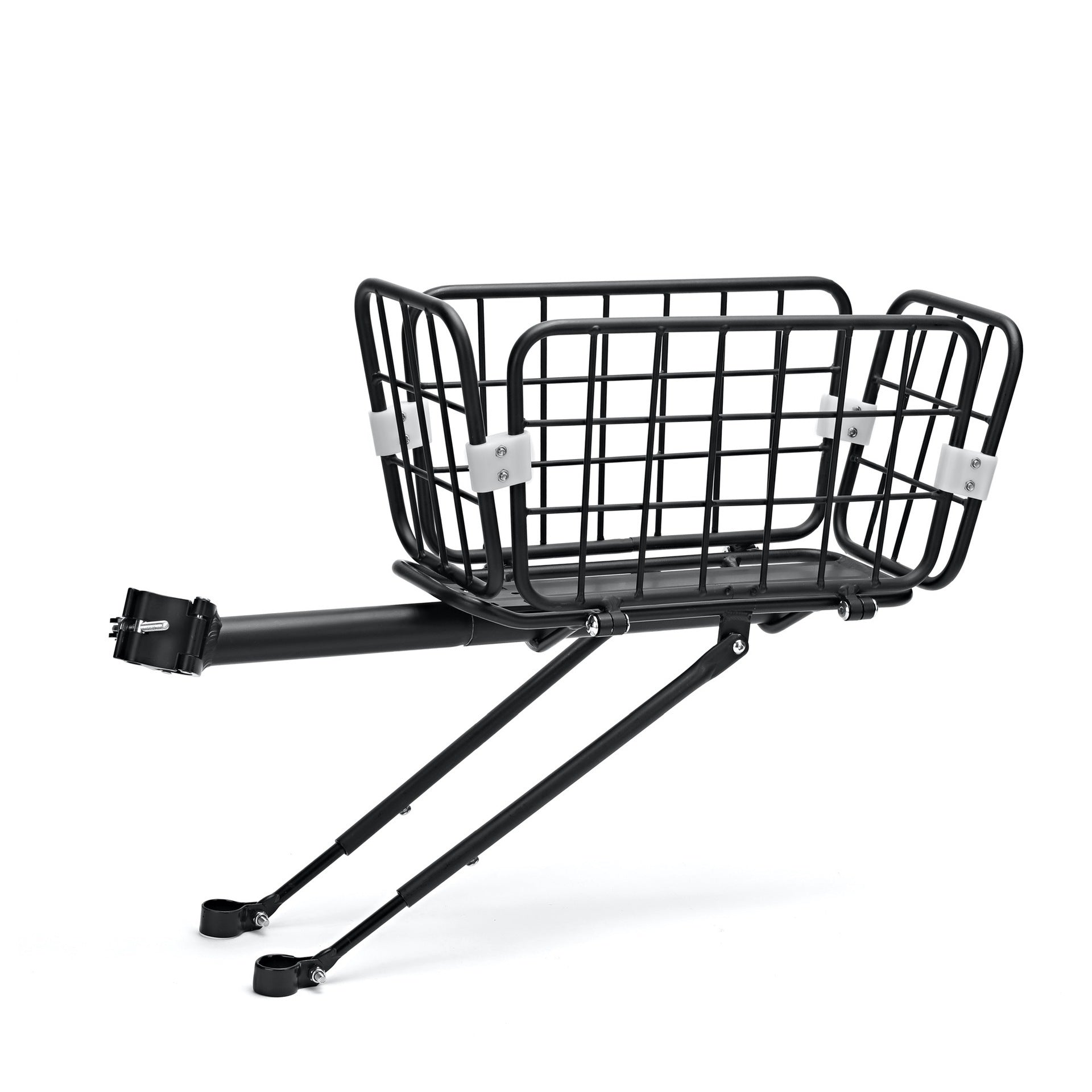 Black metal bike basket with extendable legs on a white background
