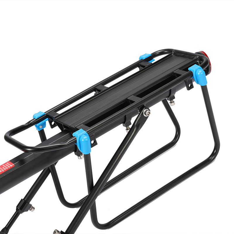 Black bike rack with blue connectors on a white background