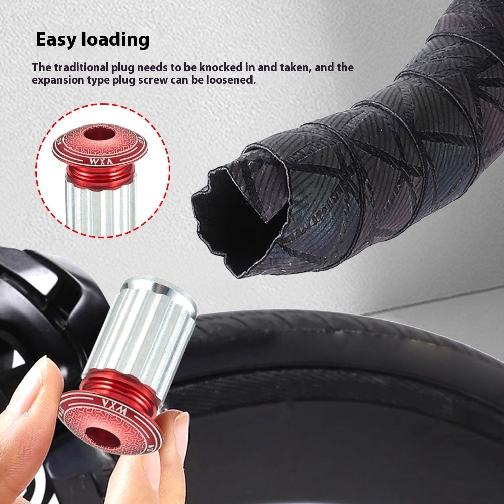 Red and silver expansion type handlebar plug being inserted into a a wrapped handlebar.