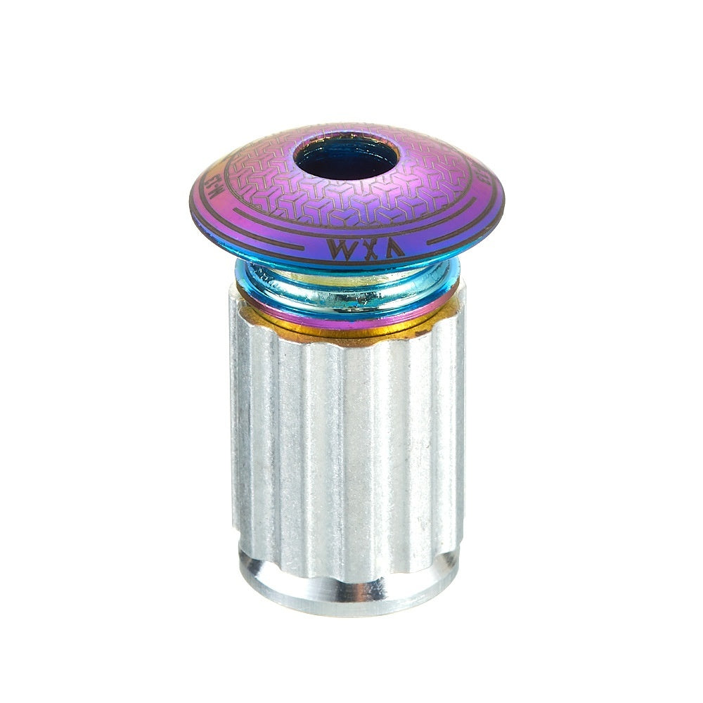 Multicolored aluminium handlebar plug with 'WXA' branding on a white background