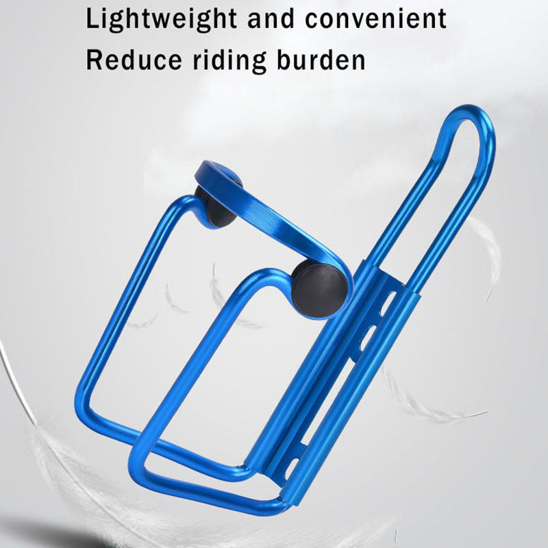 Blue bicycle water bottle holder on a white background with text about weight and convenience.