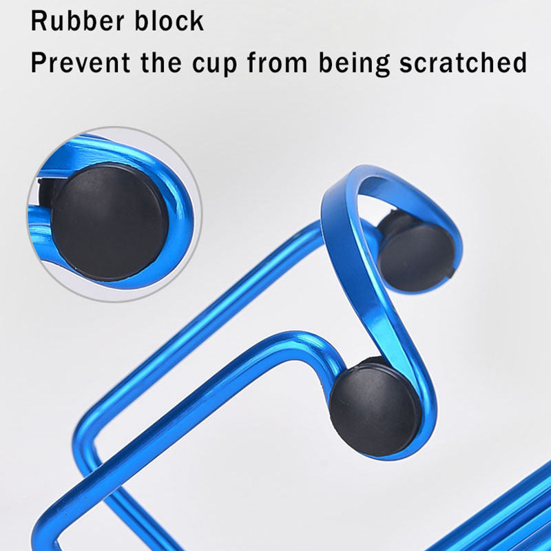 Blue bicycle water bottle cage with rubber supports on a white background