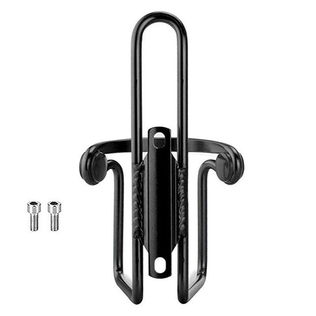 Black bicycle water bottle cage with mounting screws on a white background