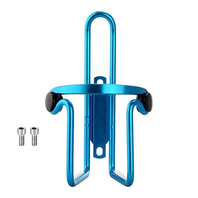 Blue bicycle water bottle cage with two screws on a white background