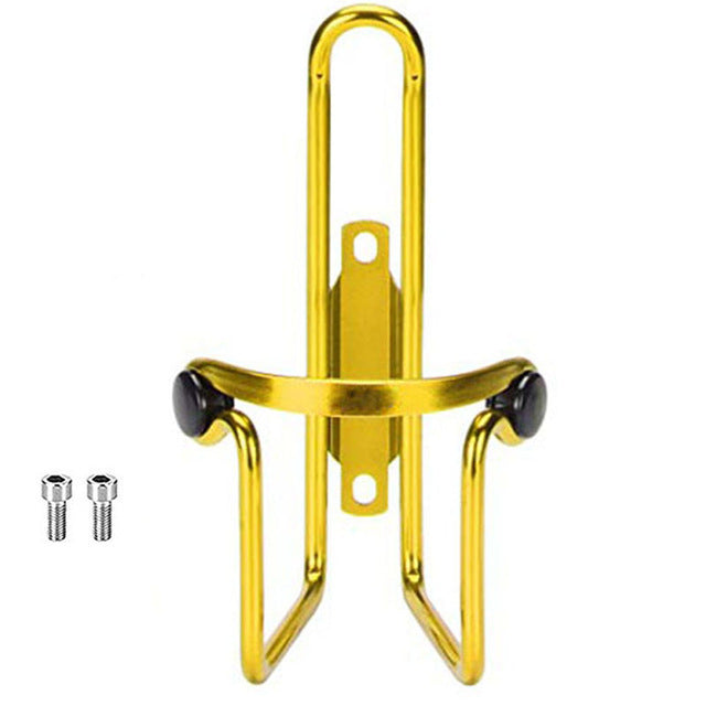 Gold bicycle bottle cage with mounting screws on a white background
