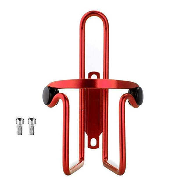 Red bicycle bottle cage with mounting hardware on a white background
