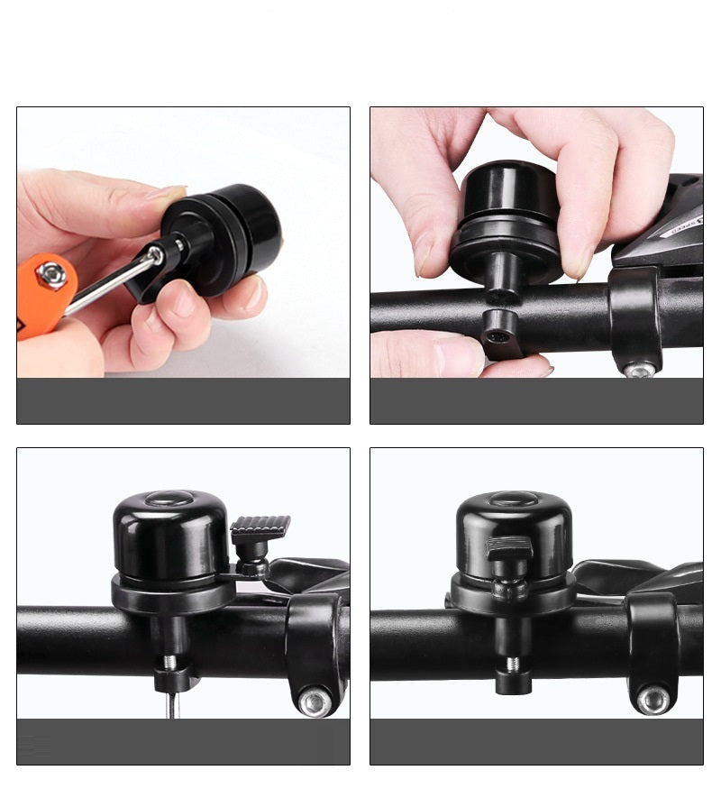 Step-by-step process of installing a black bike handlebar mount on a white background.