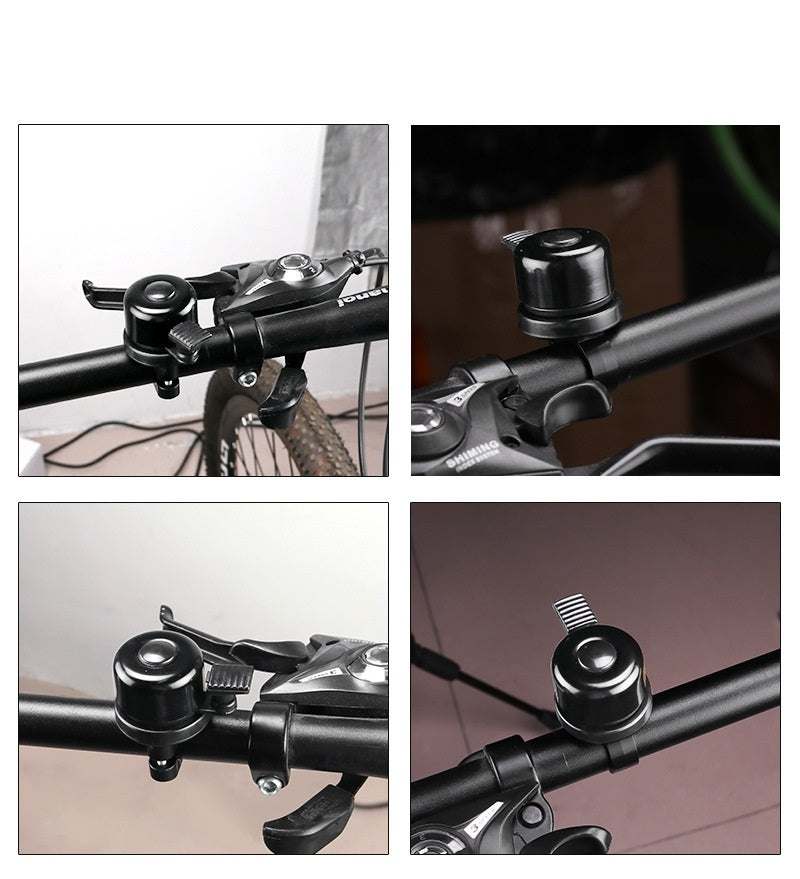 Bicycle handlebar with bell attachment shown from different angles.