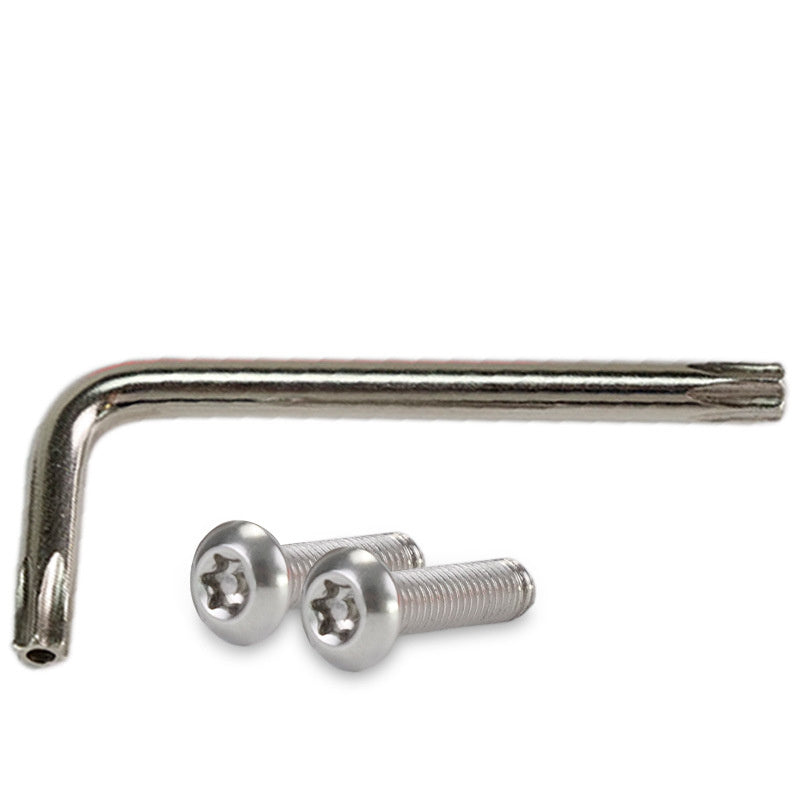 Metal Allen wrench and two screws on a white background