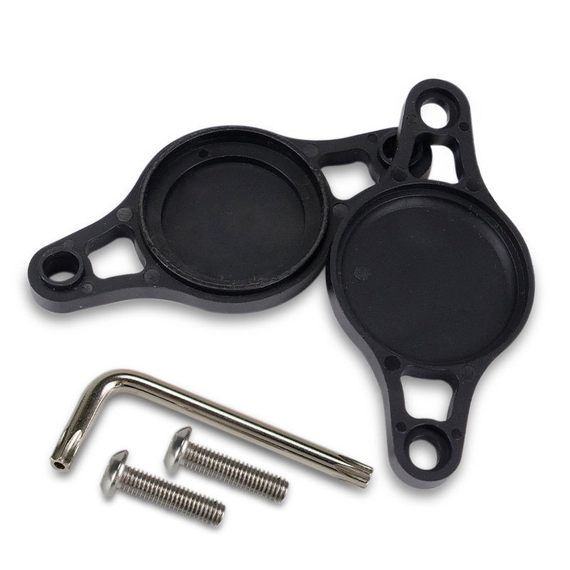 Black Bicycle Airtag Tracker Protective Mount with screws on a white background